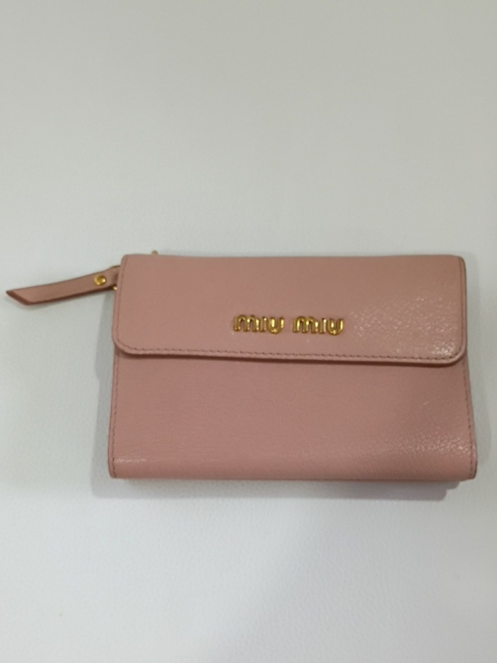 Miu Miu Blush Pink Leather Madras Compact Bifold Wallet With Gold Hardware